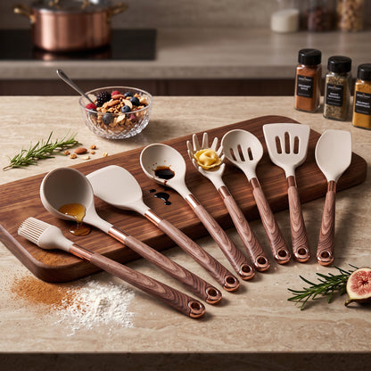 Silicone Kitchen Utensil Set with Wooden Handles and Copper Accents, 10-Piece