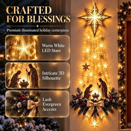 Hanging Lighted Nativity Ornament with Warm White LED Stars, Pine Accents and a Golden Bow