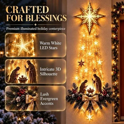 Hanging Lighted Nativity Ornament with Warm White LED Stars, Pine Accents and a Golden Bow