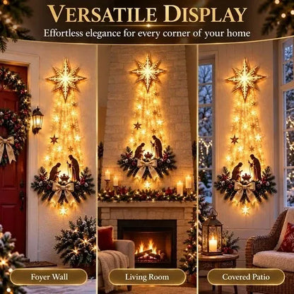 Hanging Lighted Nativity Ornament with Warm White LED Stars, Pine Accents and a Golden Bow