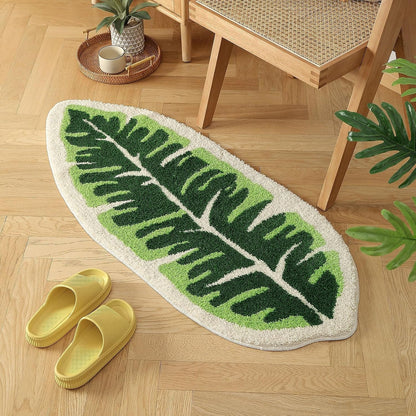 Plush Indoor Mat with Leaf Pattern, Machine Washable