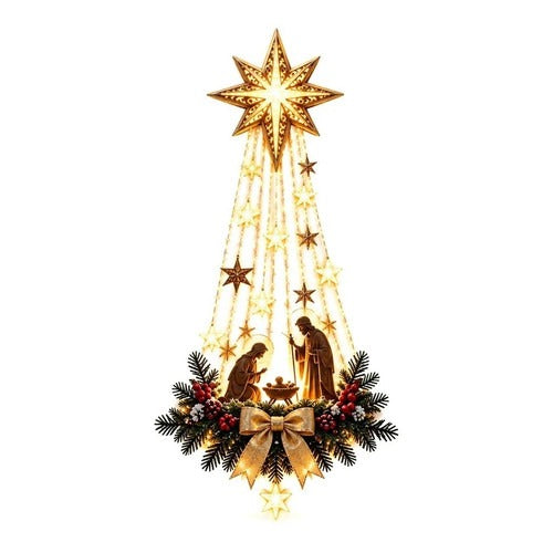 Hanging Lighted Nativity Ornament with Warm White LED Stars, Pine Accents and a Golden Bow
