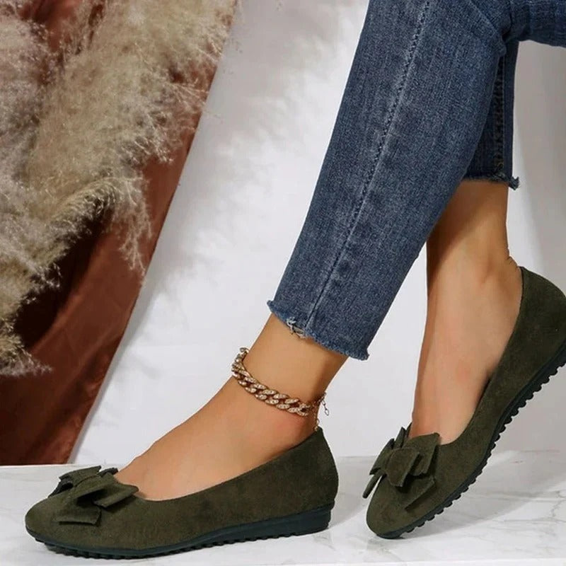 Women's Slip On Round Toe Flat Shoes with Bow Accent and Padded Footbed