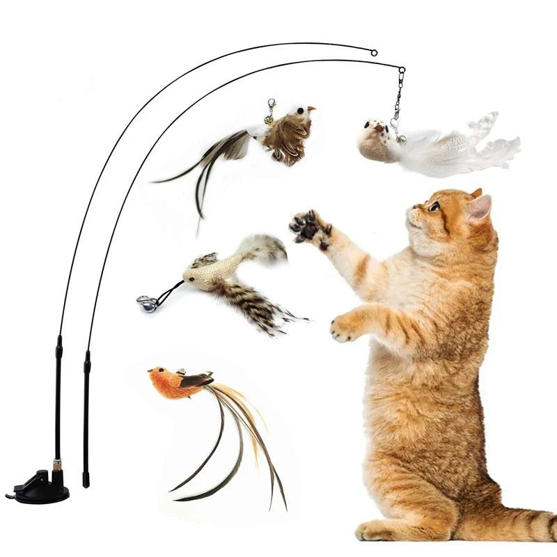 Interactive Cat Toy with Flexible Wire and Five Replaceable Birds, Suction Cup Base