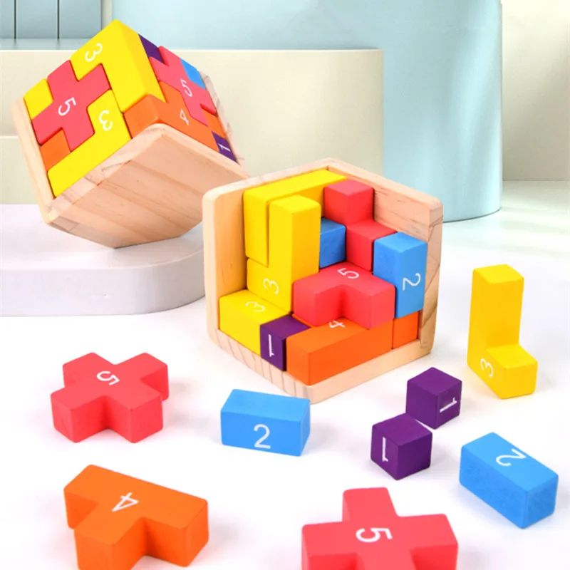 Interlocking Luban Lock Cube in Painted Wood with Bright Colors for Desks and Travel Bags