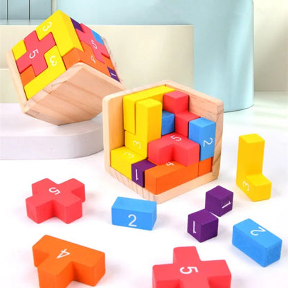 Interlocking Luban Lock Cube in Painted Wood with Bright Colors for Desks and Travel Bags