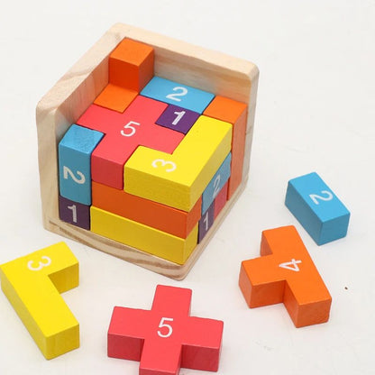 Interlocking Luban Lock Cube in Painted Wood with Bright Colors for Desks and Travel Bags