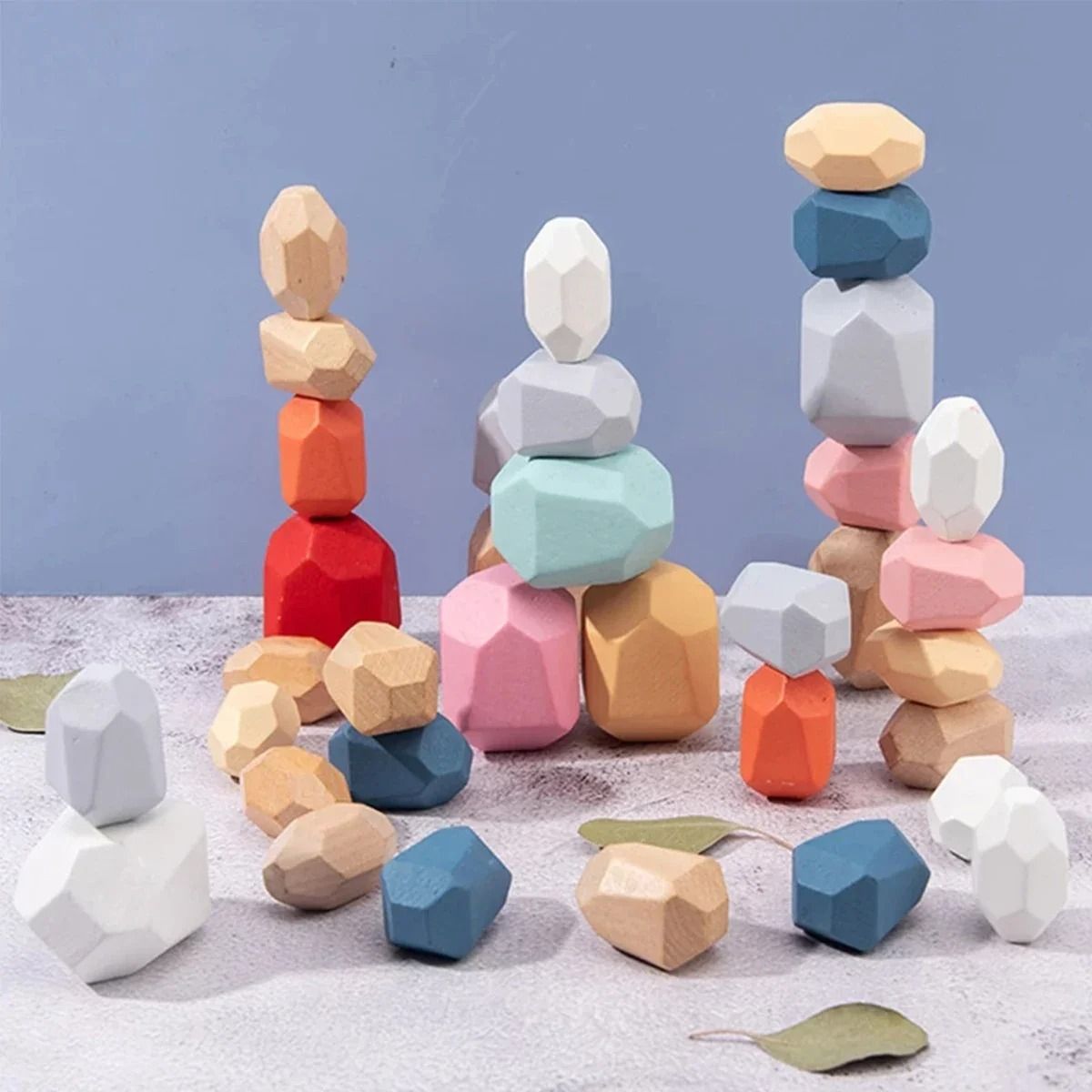 Painted Wooden Stacking Stones Set of 36 in Mixed Shapes and Colors for Balance Building