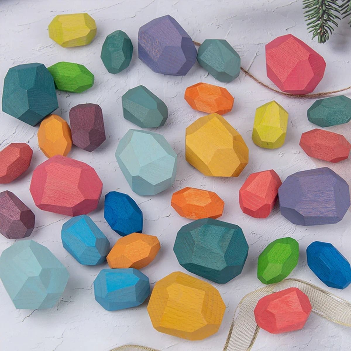 Painted Wooden Stacking Stones Set of 36 in Mixed Shapes and Colors for Balance Building