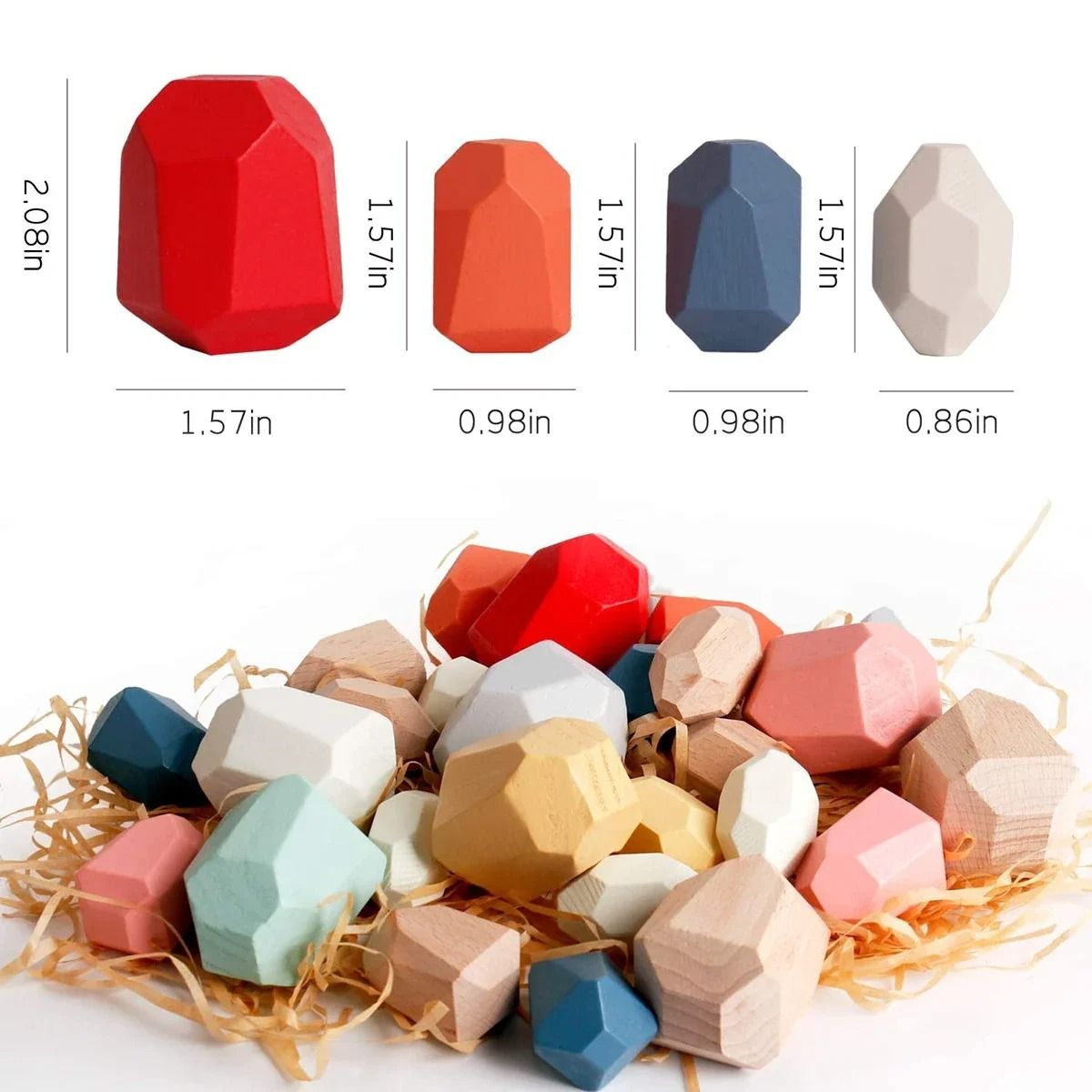 Painted Wooden Stacking Stones Set of 36 in Mixed Shapes and Colors for Balance Building