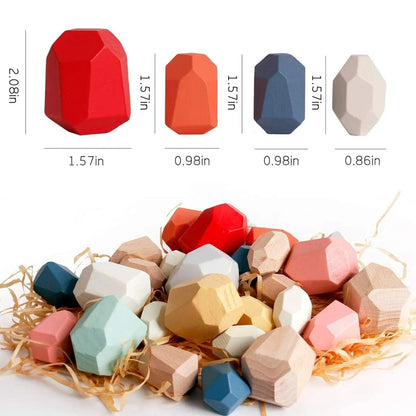 Painted Wooden Stacking Stones Set of 36 in Mixed Shapes and Colors for Balance Building