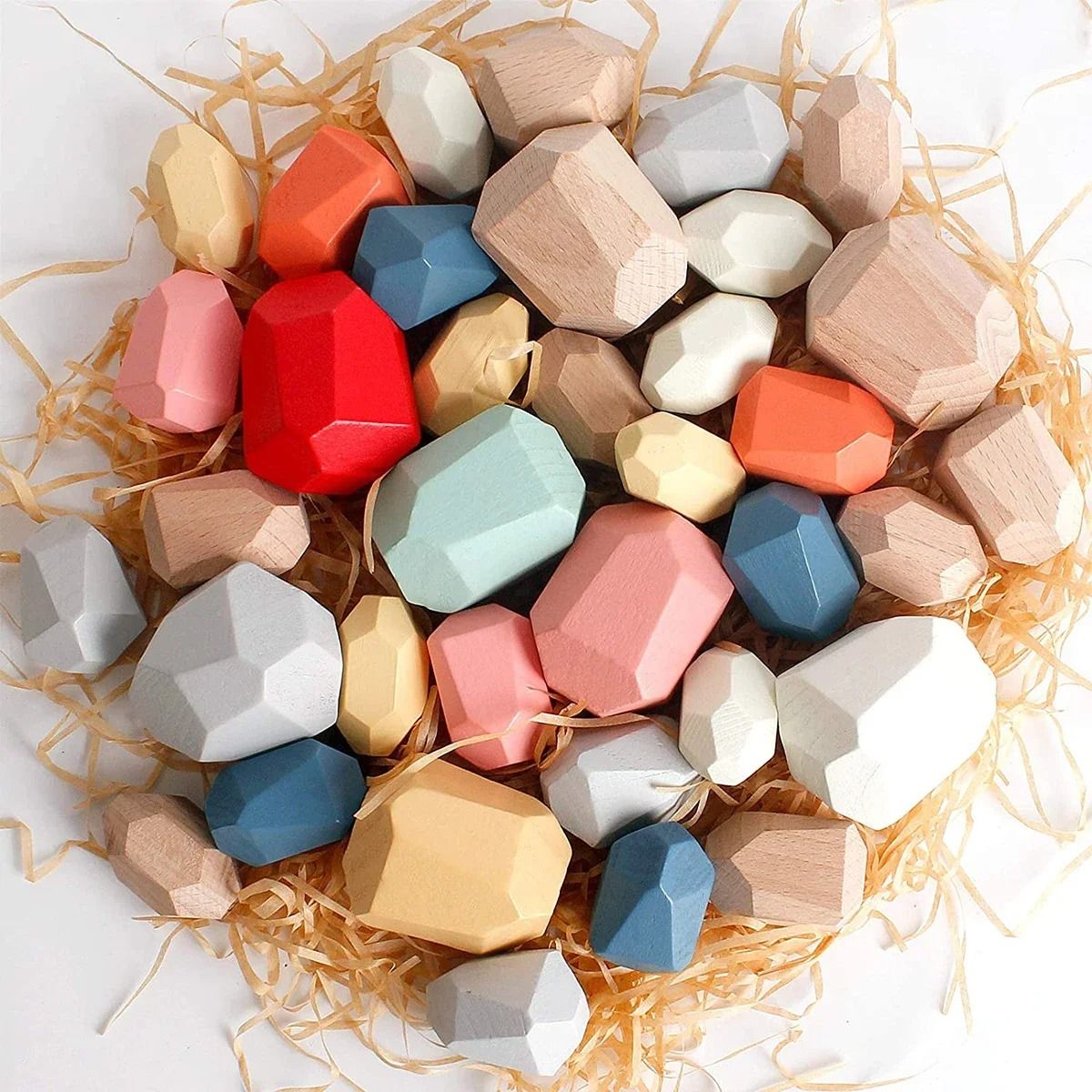 Painted Wooden Stacking Stones Set of 36 in Mixed Shapes and Colors for Balance Building