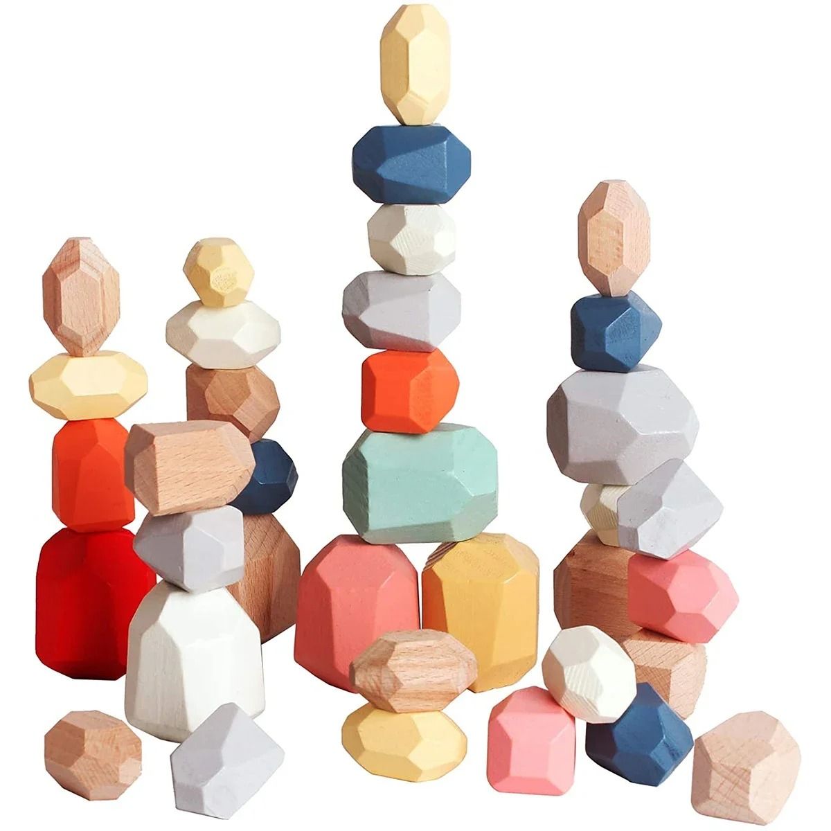 Painted Wooden Stacking Stones Set of 36 in Mixed Shapes and Colors for Balance Building