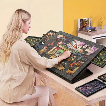 Folding Puzzle Board with Six Drawers Tilting Stand and Dust Cover for Puzzles Up to 1000 Pieces