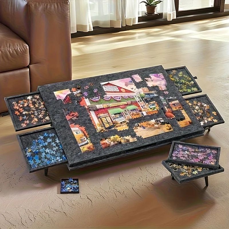 Folding Puzzle Board with Six Drawers Tilting Stand and Dust Cover for Puzzles Up to 1000 Pieces