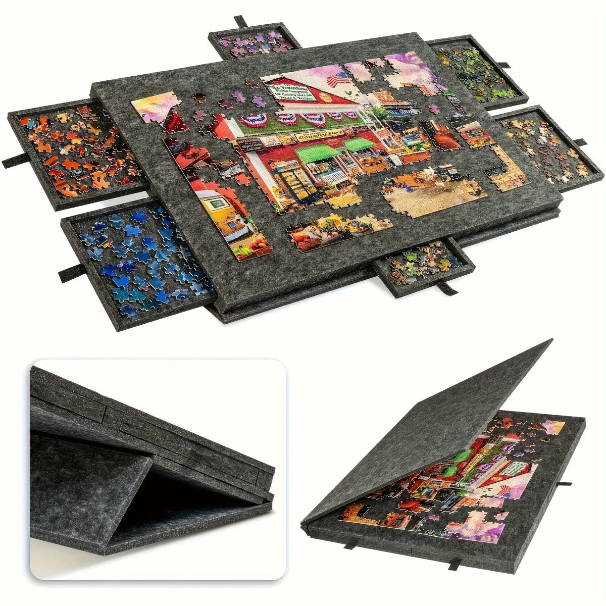 Folding Puzzle Board with Six Drawers Tilting Stand and Dust Cover for Puzzles Up to 1000 Pieces