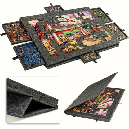 Folding Puzzle Board with Six Drawers Tilting Stand and Dust Cover for Puzzles Up to 1000 Pieces