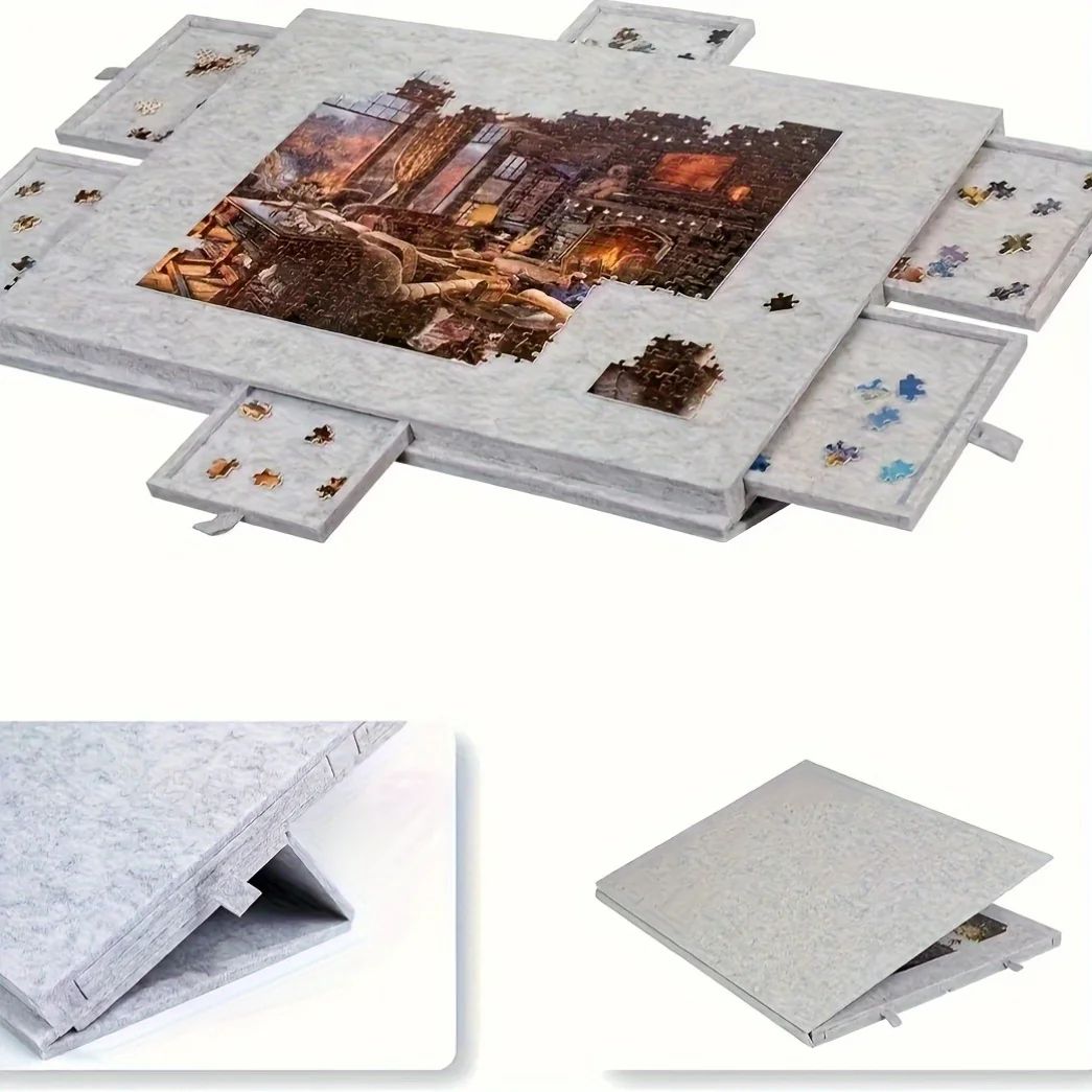 Folding Puzzle Board with Six Drawers Tilting Stand and Dust Cover for Puzzles Up to 1000 Pieces
