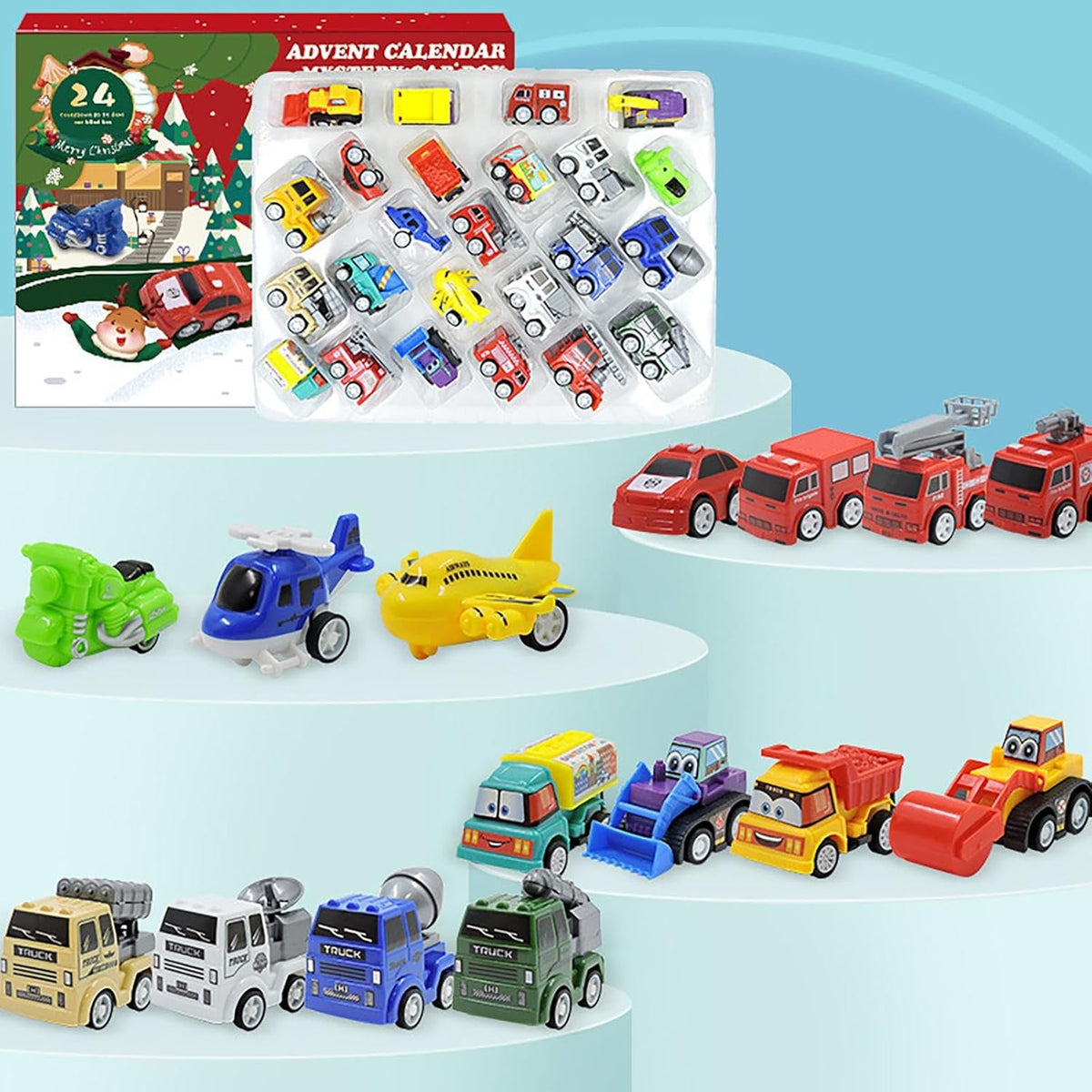 Race Day Advent Calendar with 24 Pull Back Toy Cars in Bright Colors