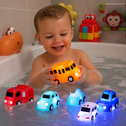 Glowing Bath Toy Cars with Water Activation and Multiple Vehicle Designs
