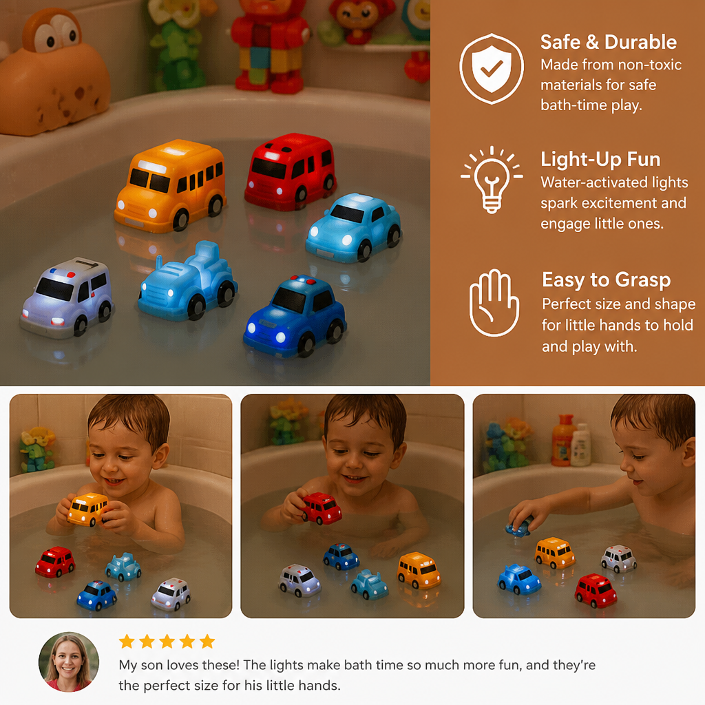 Glowing Bath Toy Cars with Water Activation and Multiple Vehicle Designs