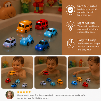 Glowing Bath Toy Cars with Water Activation and Multiple Vehicle Designs