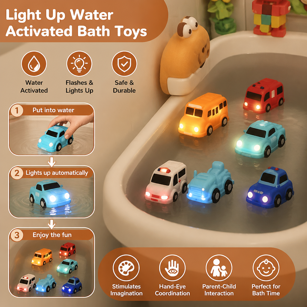Glowing Bath Toy Cars with Water Activation and Multiple Vehicle Designs