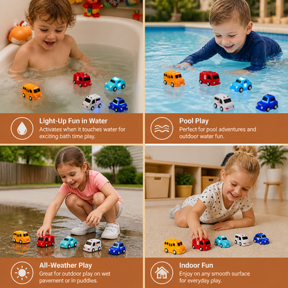 Glowing Bath Toy Cars with Water Activation and Multiple Vehicle Designs