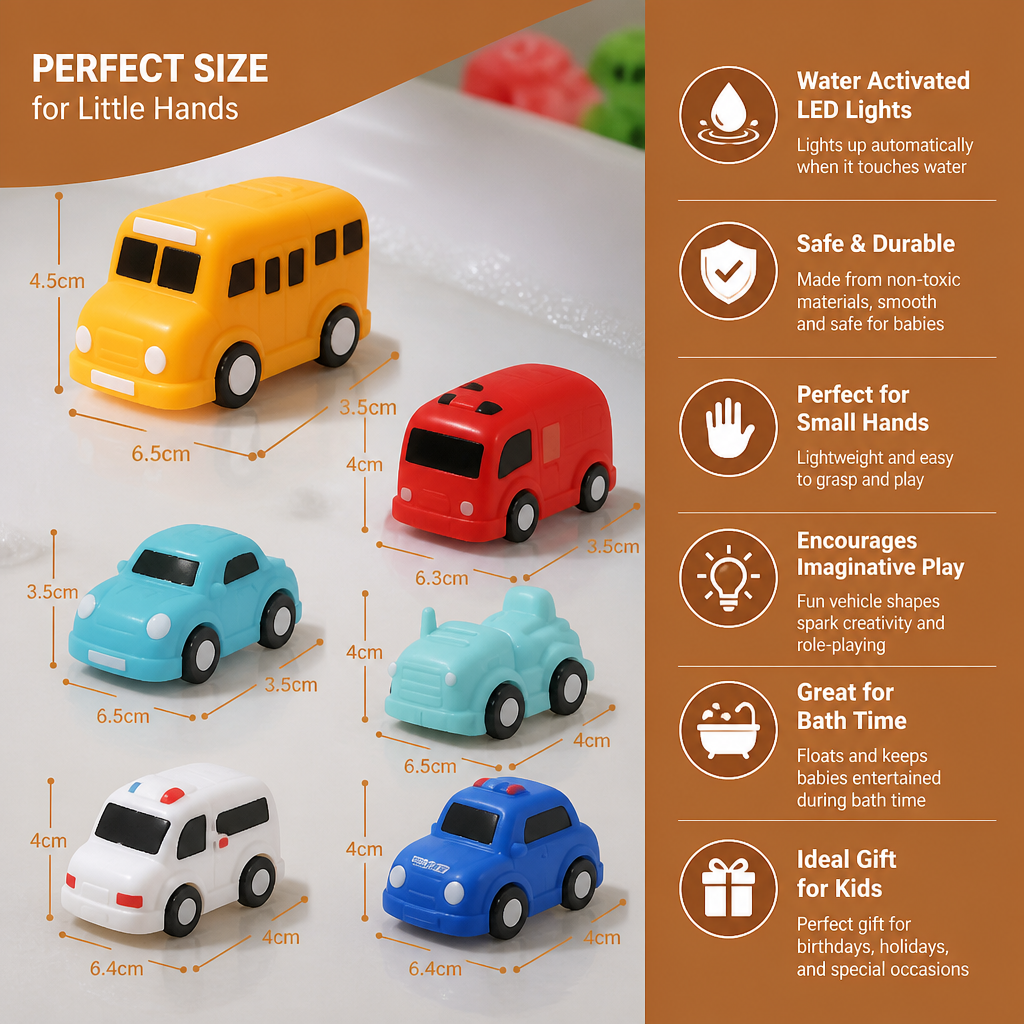 Glowing Bath Toy Cars with Water Activation and Multiple Vehicle Designs