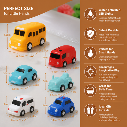 Glowing Bath Toy Cars with Water Activation and Multiple Vehicle Designs
