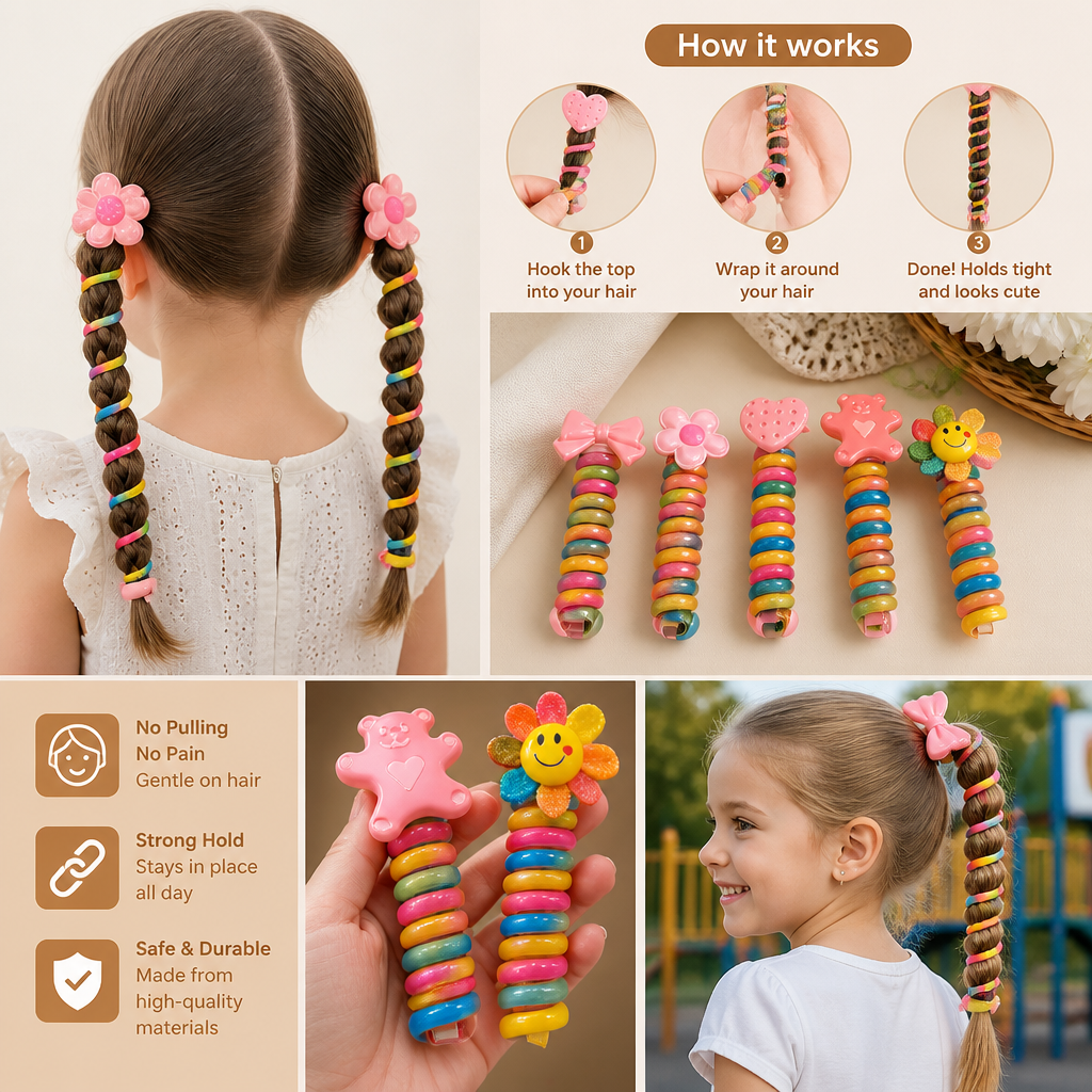 Stretchy Spiral Hair Ties for Girls in Seven Cute Styles for Braids Ponytails and Everyday Hairdos