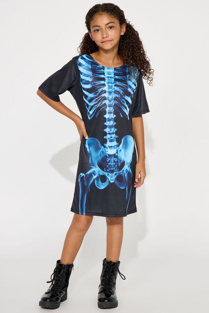 Kids Skeleton Print Pullover Dress with Short Sleeves and Front Pockets