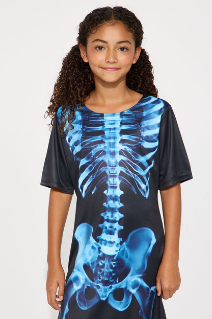 Kids Skeleton Print Pullover Dress with Short Sleeves and Front Pockets