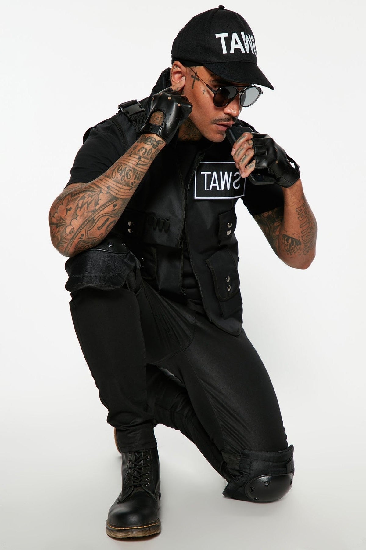 Four Piece Tactical Costume Set with Vest Cap and Fingerless Gloves