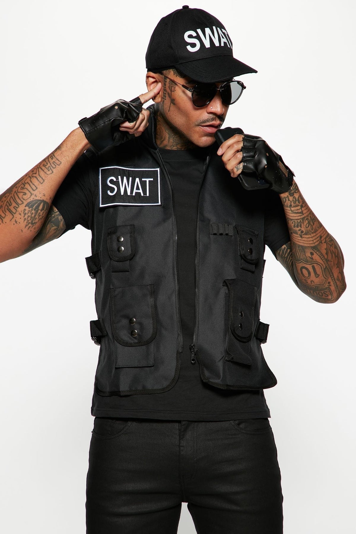 Four Piece Tactical Costume Set with Vest Cap and Fingerless Gloves