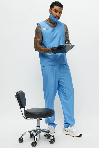 Two Piece Medical Scrub Costume Set with V Neck Top and Pants in Blue