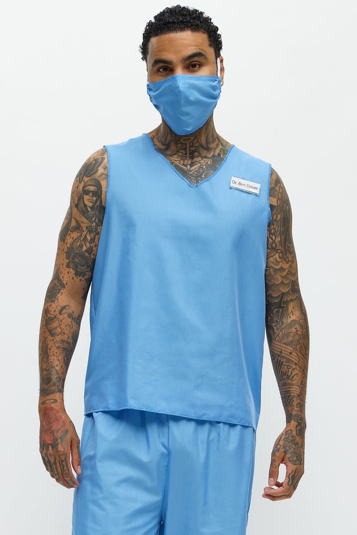 Two Piece Medical Scrub Costume Set with V Neck Top and Pants in Blue
