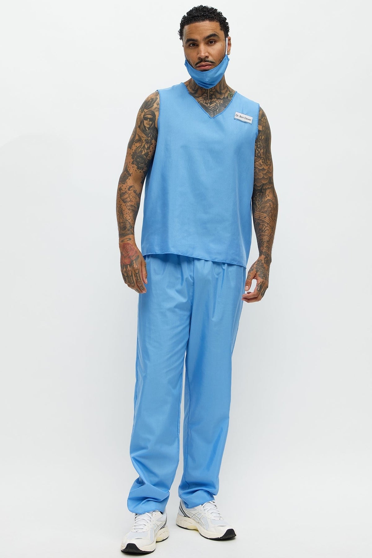 Two Piece Medical Scrub Costume Set with V Neck Top and Pants in Blue