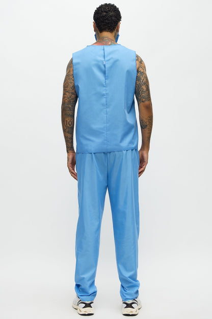 Two Piece Medical Scrub Costume Set with V Neck Top and Pants in Blue