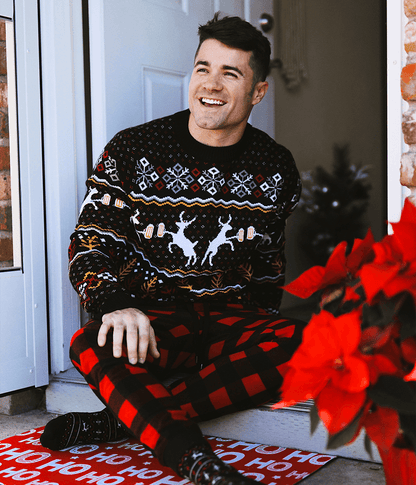 Mens Retro Christmas Sweater with Reindeer Toasting Beer Mugs, Trees, and Snowflakes