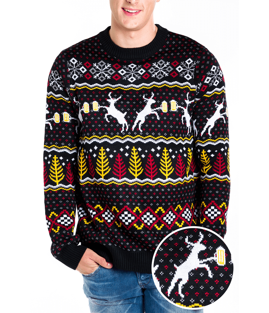 Mens Retro Christmas Sweater with Reindeer Toasting Beer Mugs, Trees, and Snowflakes