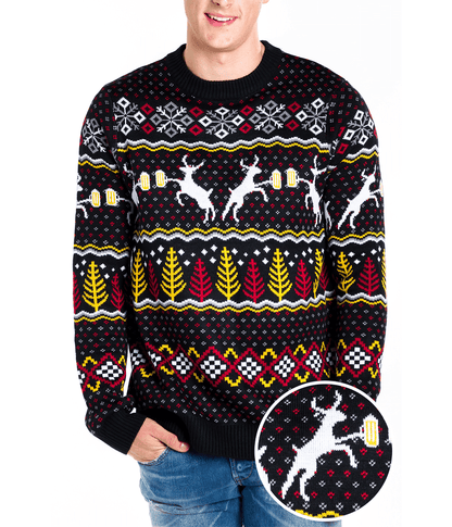 Mens Retro Christmas Sweater with Reindeer Toasting Beer Mugs, Trees, and Snowflakes