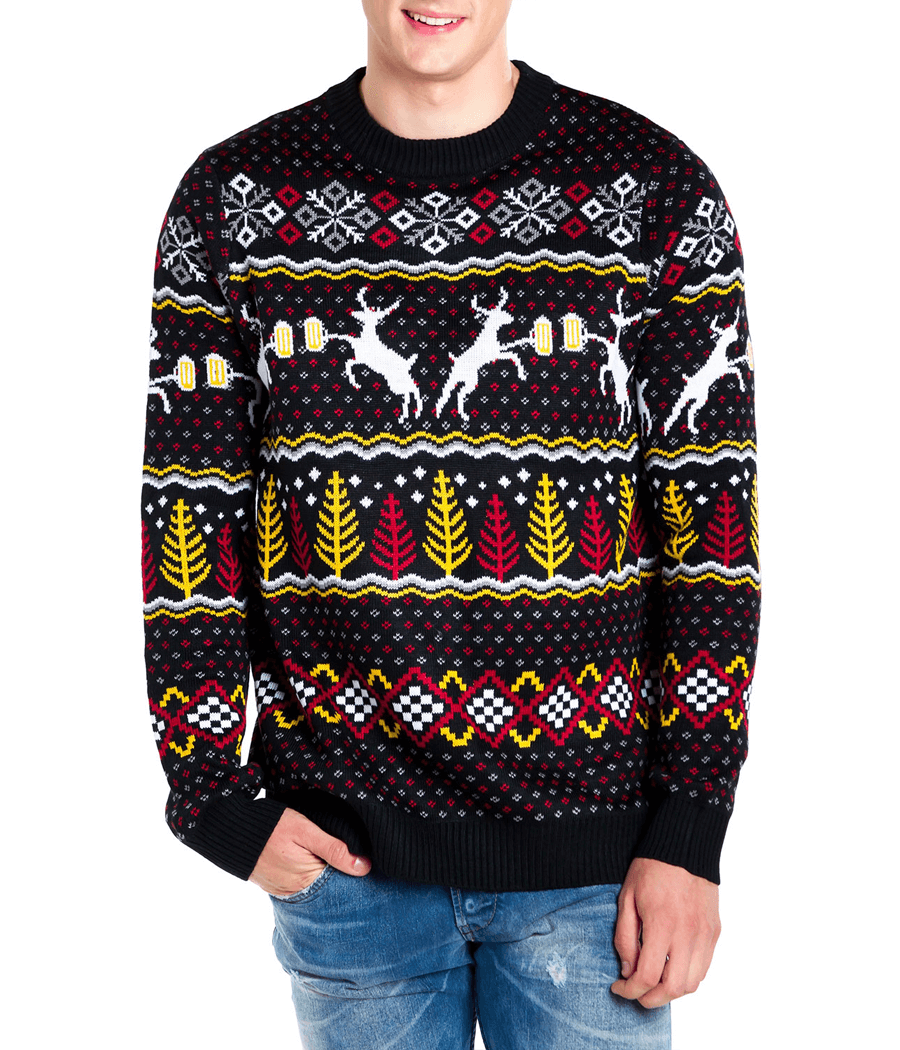 Mens Retro Christmas Sweater with Reindeer Toasting Beer Mugs, Trees, and Snowflakes