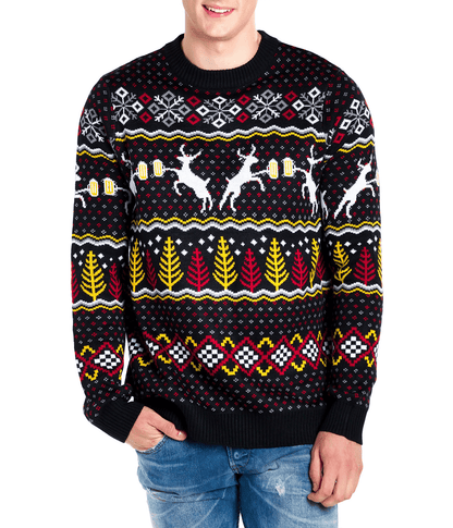 Mens Retro Christmas Sweater with Reindeer Toasting Beer Mugs, Trees, and Snowflakes