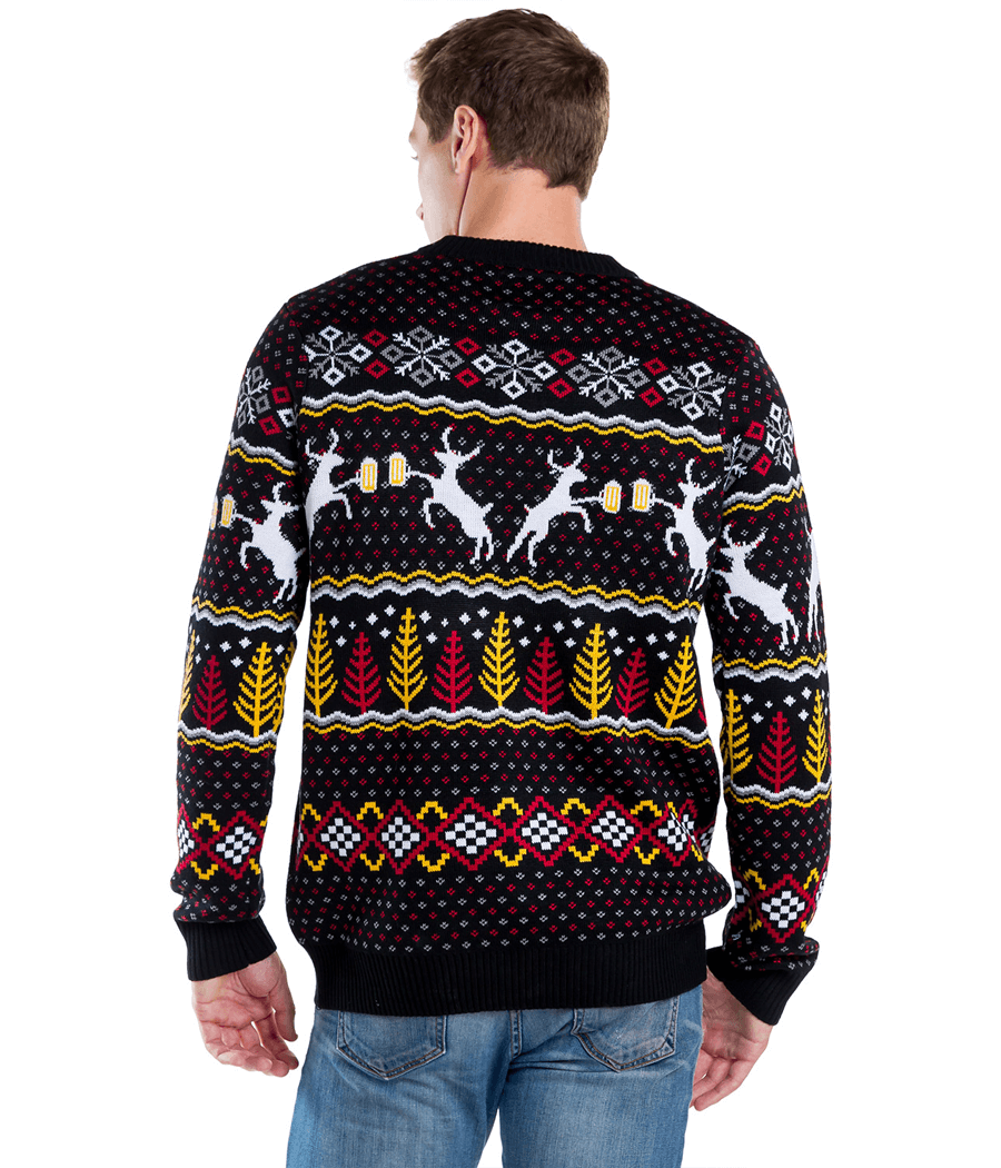 Mens Retro Christmas Sweater with Reindeer Toasting Beer Mugs, Trees, and Snowflakes