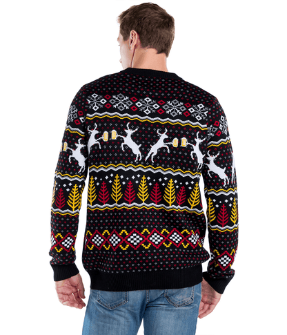 Mens Retro Christmas Sweater with Reindeer Toasting Beer Mugs, Trees, and Snowflakes
