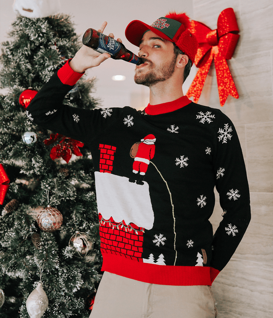 Mens Black Christmas Sweater with Cheeky Santa Graphic and Glowing Light Up Stream