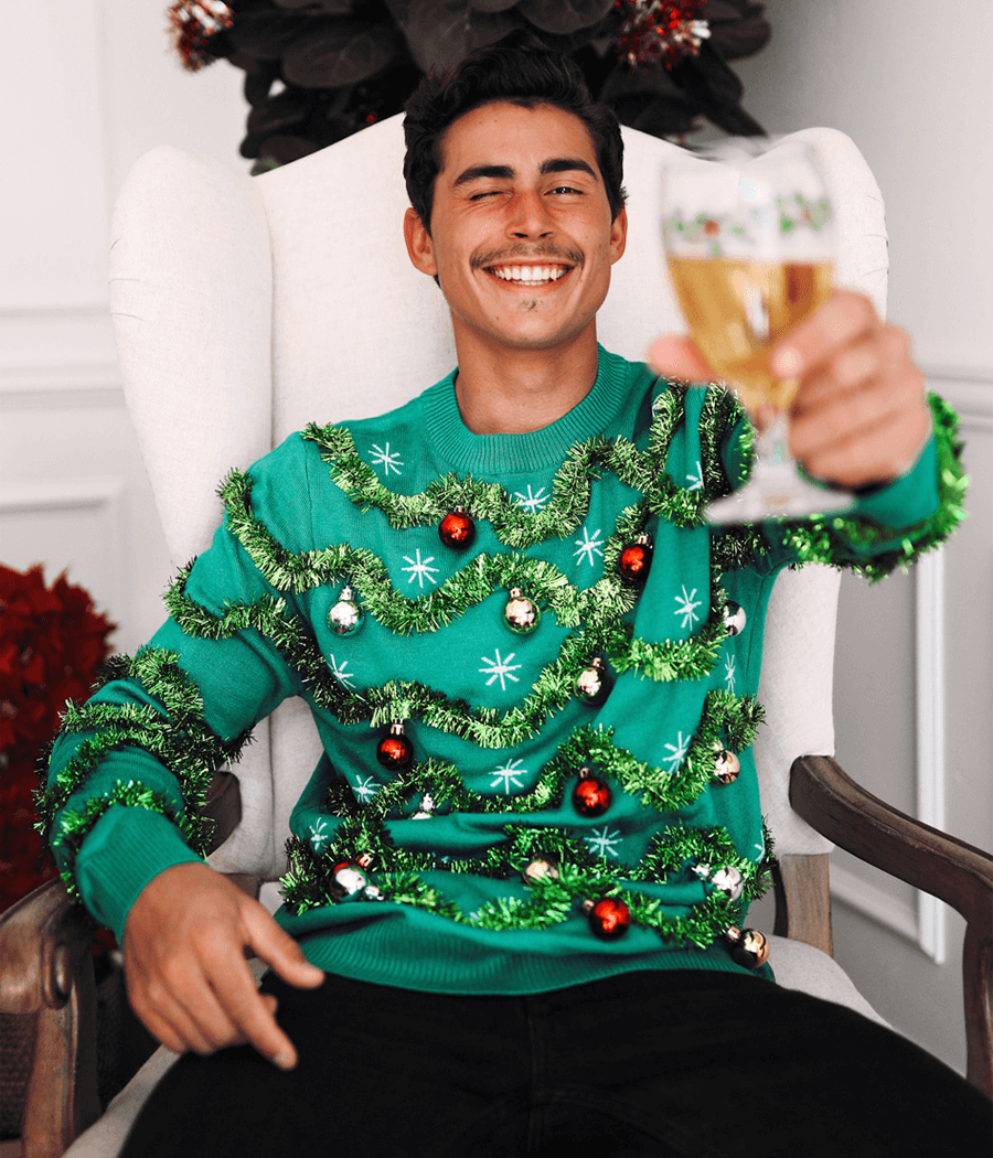 Mens Green Christmas Tree Sweater Covered in Garland, Baubles, and Tinsel Trim