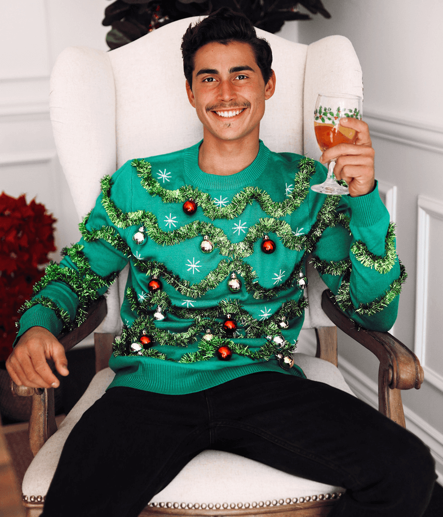 Mens Green Christmas Tree Sweater Covered in Garland, Baubles, and Tinsel Trim