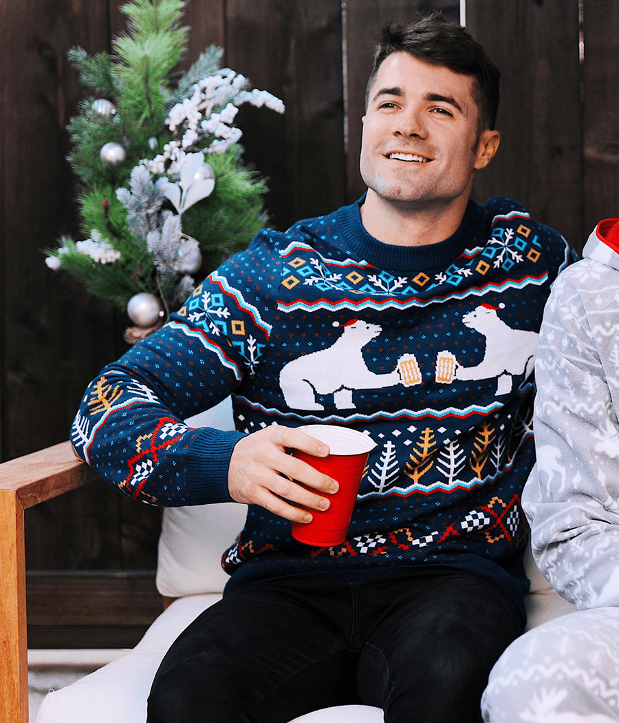 Mens Fair Isle Christmas Sweater with Polar Bears in Santa Hats Raising a Toast